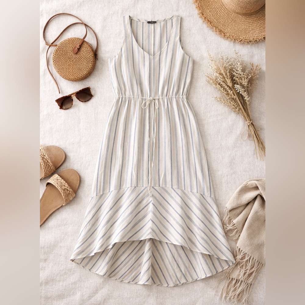 Drew Anthropologie Blue & White Striped Linen Blend Hi-Low Dress Small | Resort - Picture 2 of 5